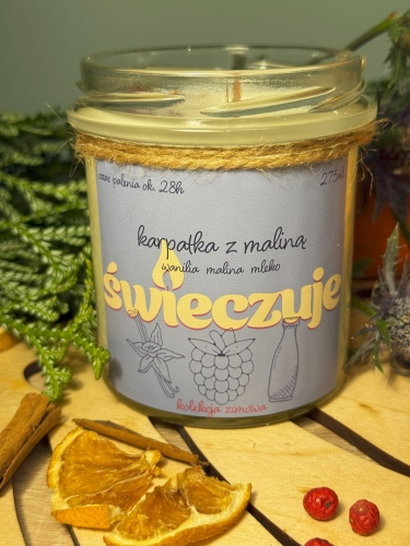 Świeca o zapachu karpatki z maliną 275ml. Wanilia, malina i mleko